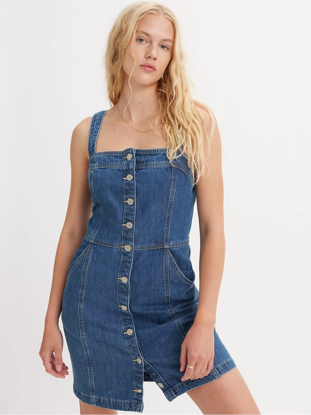 Levi's SkirtAll Denim Button Smocked Mini Pinafore Dress Women’s Size Large
